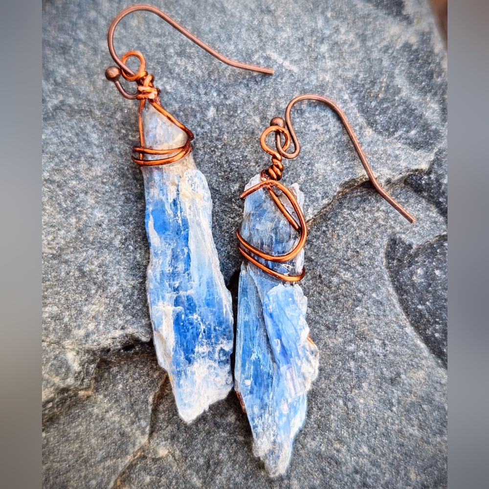 Natural Raw Blue Kyanite Blades Wrapped In Copper In Neolithic Style Earrings